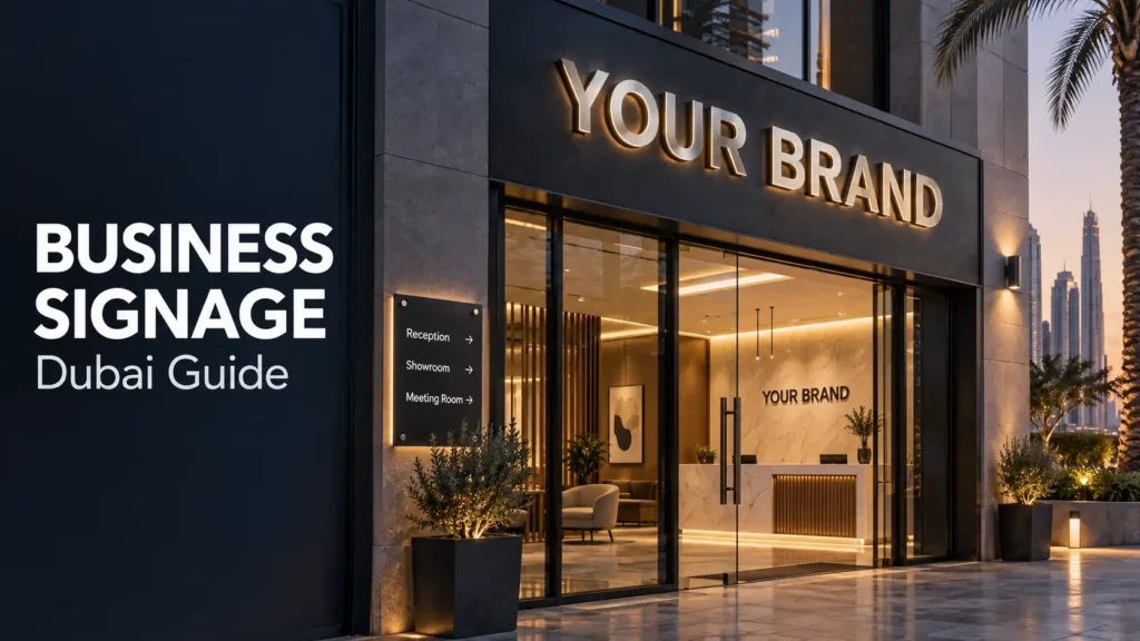 Business signage concept for a Dubai storefront with illuminated metal letters, directional signs, and a reception logo