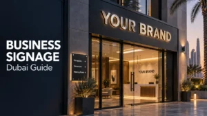 Business signage concept for a Dubai storefront with illuminated metal letters, directional signs, and a reception logo